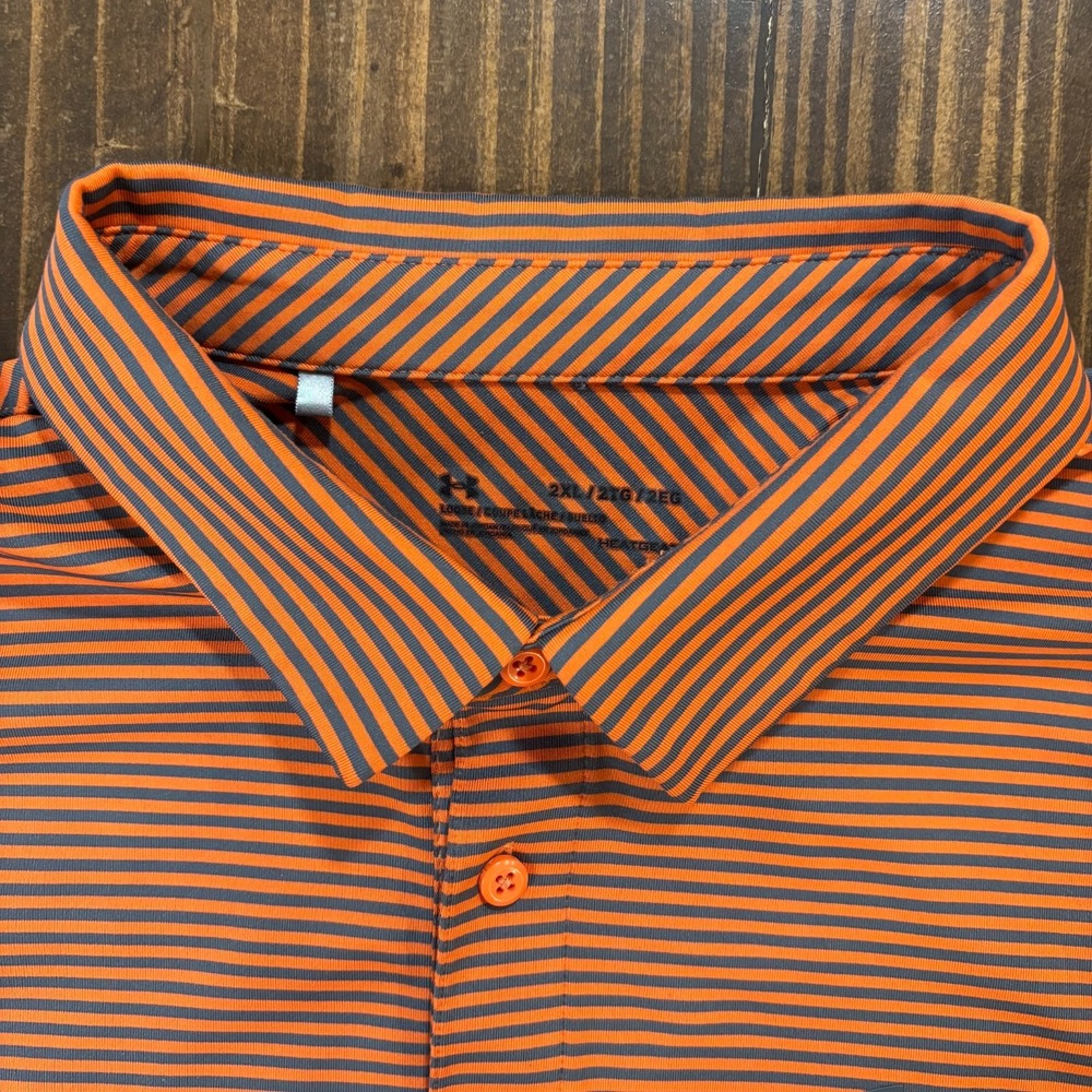UNDER ARMOUR Polo Shirt Mens 2XL Orange Blue Striped Short Sleeve‎ Golf - Picture 5 of 8